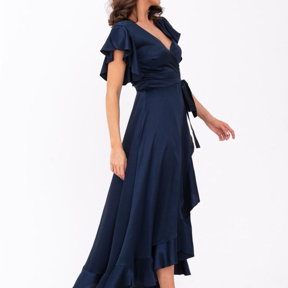 Navy Satin bridesmaids wrap tea-length short sleeve ruffles A-line dress